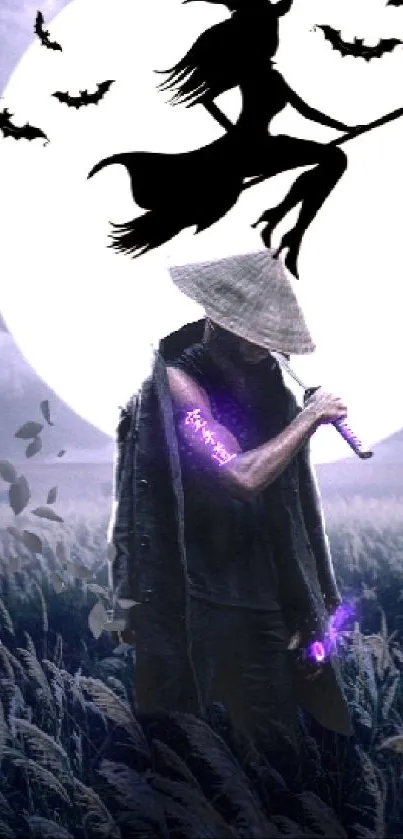 Samurai under full moon with witch silhouette in dark field.