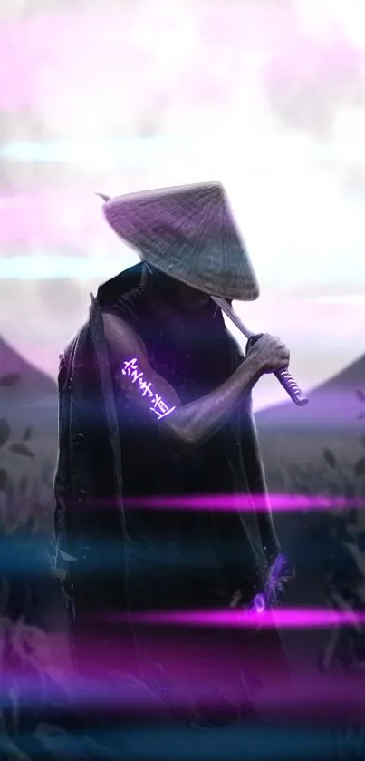 Samurai standing under full moon with purple glow and sword.