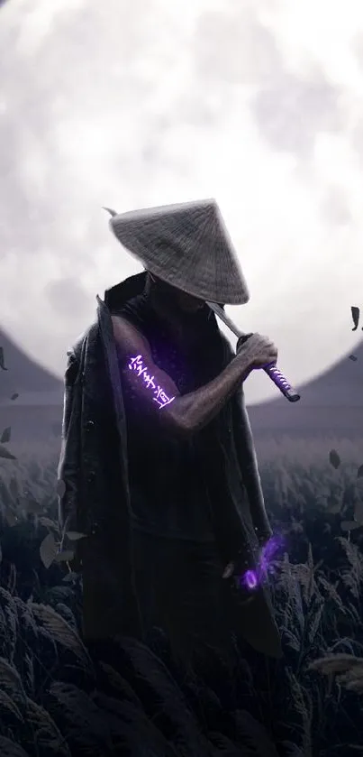 Samurai with purple light under a full moon in a dark field.