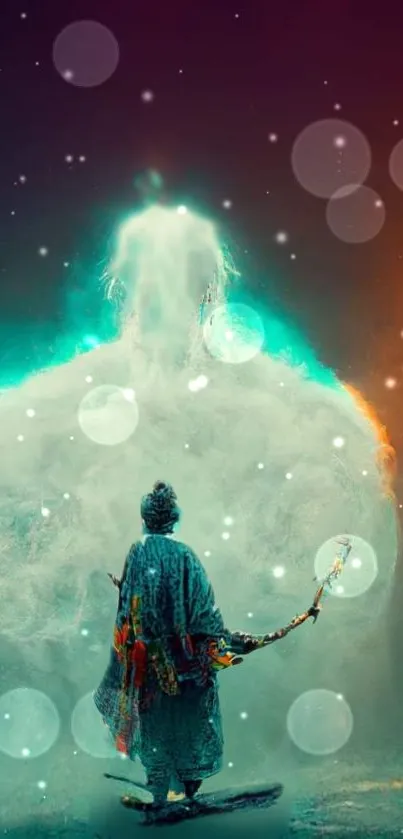 Samurai stands in mystical, teal-lit fog.