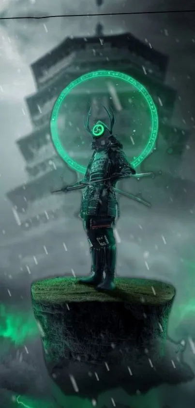 Mystical samurai warrior with green aura in a rainy scene.