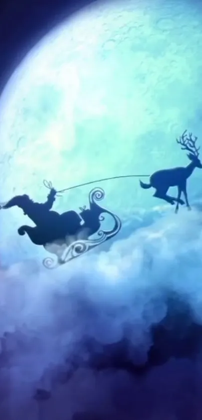 Santa and reindeer flying past a glowing blue moon.