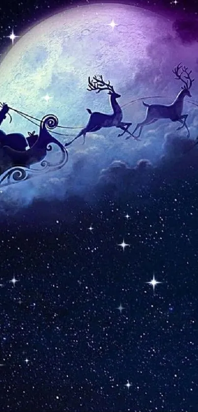 Santa and reindeer flying against a full moon in a starry night sky.