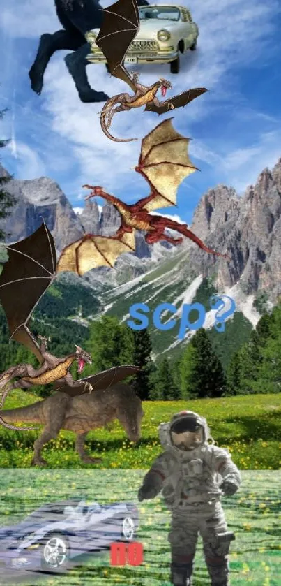 Fantasy scene with dragons over mountains.