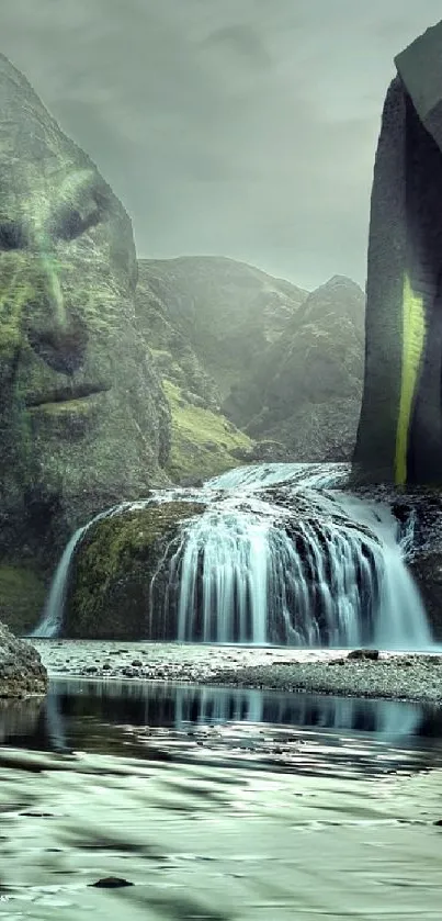 Mystical landscape featuring stone faces and a waterfall in a fantasy setting.