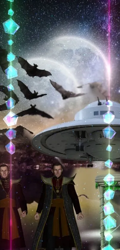 Sci-fi fantasy wallpaper with aliens and flying creatures.