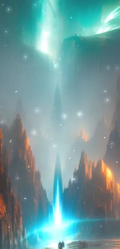 Mystical sci-fi landscape with glowing cliffs.