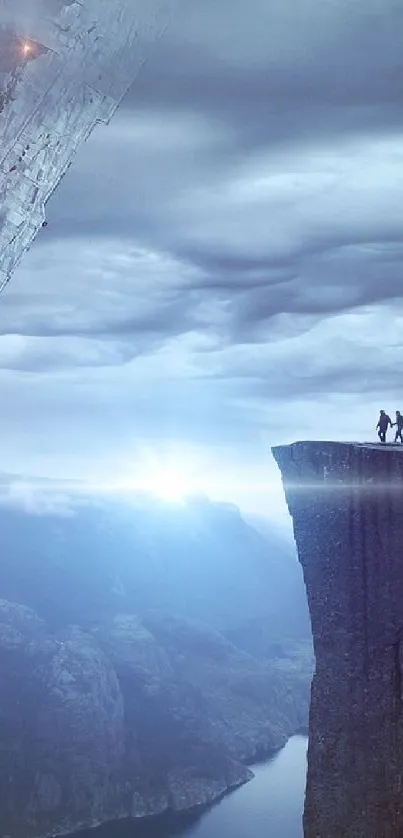 Futuristic landscape with floating triangle structure over a canyon under cosmic sky.