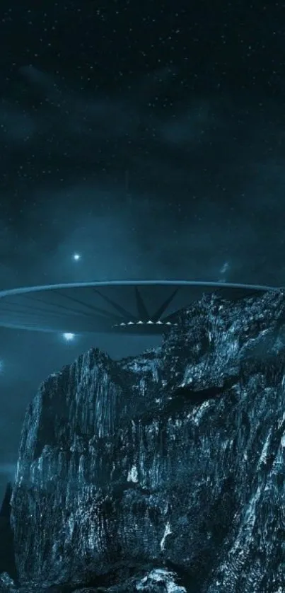 Futuristic UFO in dark starry nightscape, with mysterious mountains.