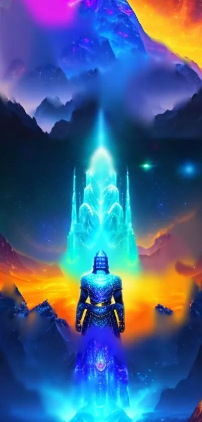 Futuristic knight in a colorful, mystical cosmic landscape.