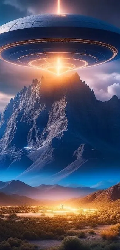 Mystical sci-fi scene with UFO over a mountain at sunset.