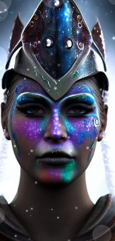 Mystical sci-fi warrior with cosmic face art.