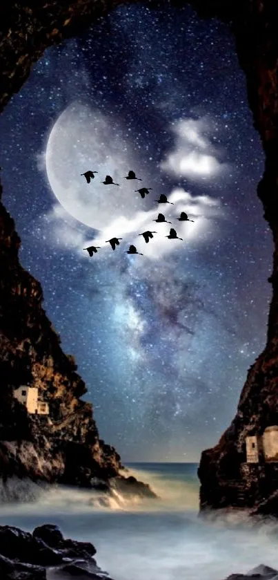 A mystical sea cave at night with a starry sky and flying birds.