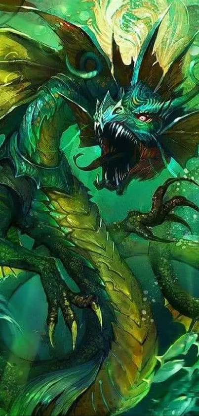 Intricate green and blue sea dragon artwork for mobile wallpaper.