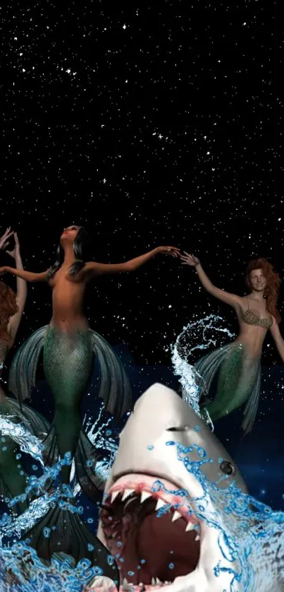 Mermaids dance with shark under starry sky.