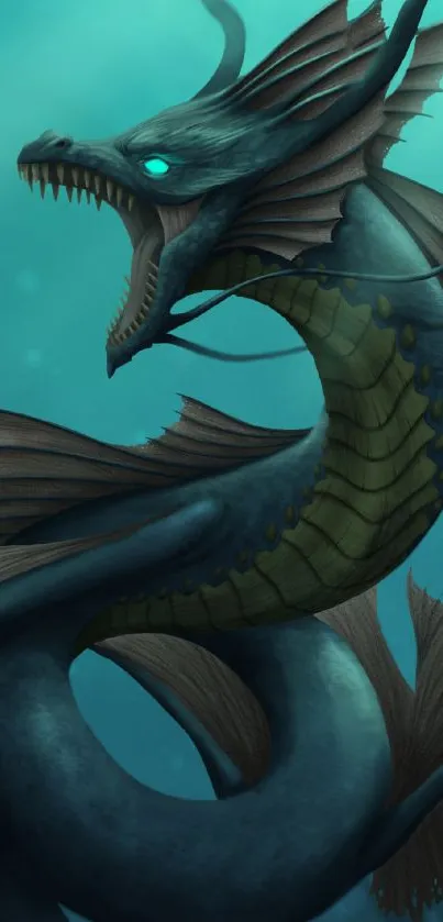 Fantasy sea serpent with teal background, fierce and majestic.