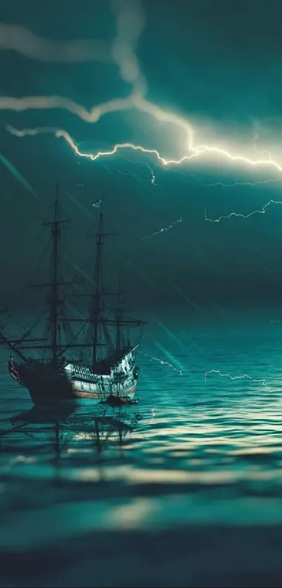 Mystical sea storm with lightning over a ship on the ocean.