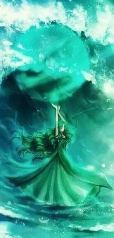 Mystical sea woman with flowing hair in turquoise ocean art.