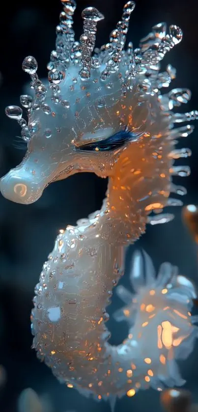 Mystical seahorse with water bubbles in an underwater scene.