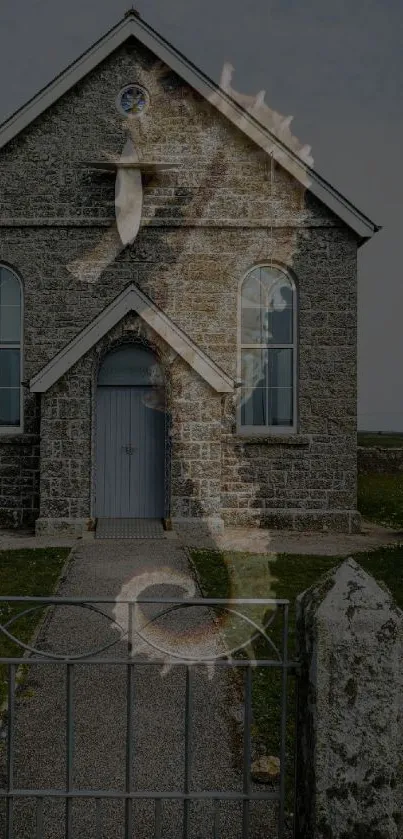 Seahorse silhouette over stone chapel view.