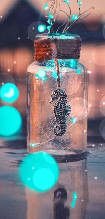 Mystical seahorse in a glowing glass jar with turquoise bokeh lights.