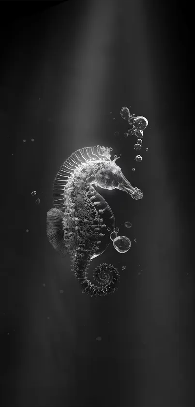 Monochrome seahorse surrounded by bubbles in underwater scene.