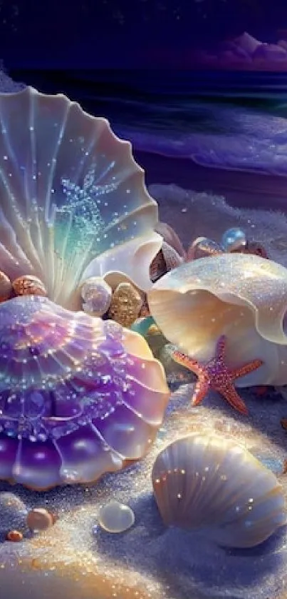 Mystical seashells on a dreamy, moonlit beach.