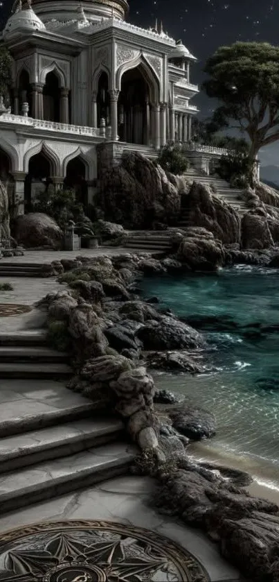 Mystical seaside palace with ocean view under the night sky.