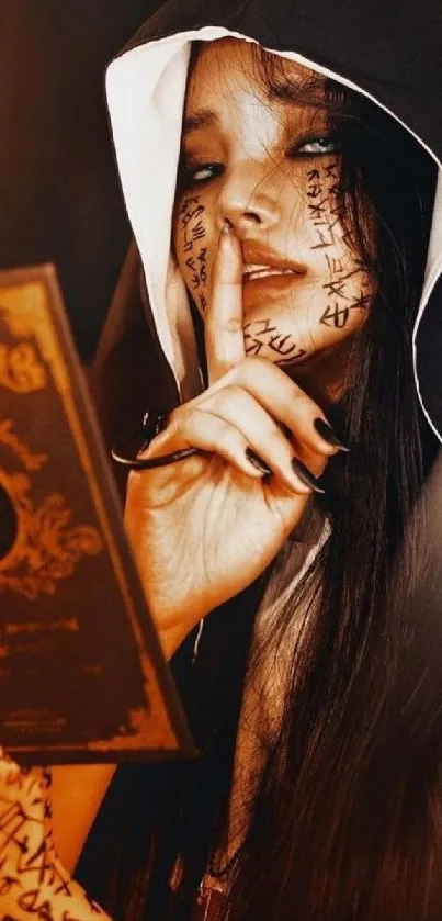 Mystical woman with symbols and book.