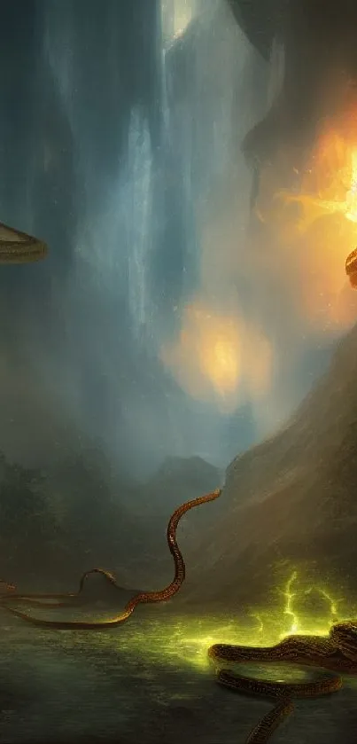 Mystical cave with glowing serpents in a dark fantasy setting.