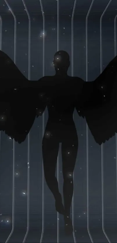 Dark silhouette of an angel against a cosmic background as a phone wallpaper.