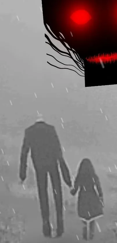 Shadowy figure and child in a misty, eerie setting with red eyes.