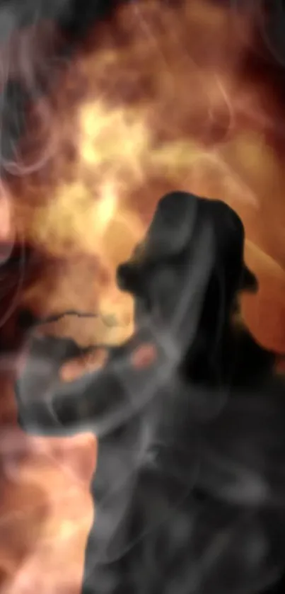 Shadowy figure with hat in fiery smoke design.