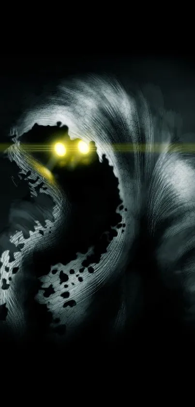 Mystical shadow figure with glowing eyes on dark wallpaper.