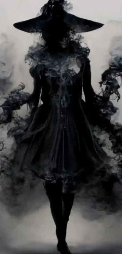 Silhouette of a mysterious witch in dark swirling smoke.