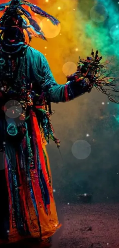 Mystical shaman in colorful aura wallpaper.