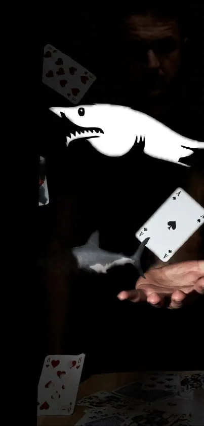 Mystical shark silhouette with playing cards on a dark background.