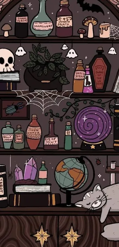 Mystical shelf wallpaper with potions, cat, and crystals.