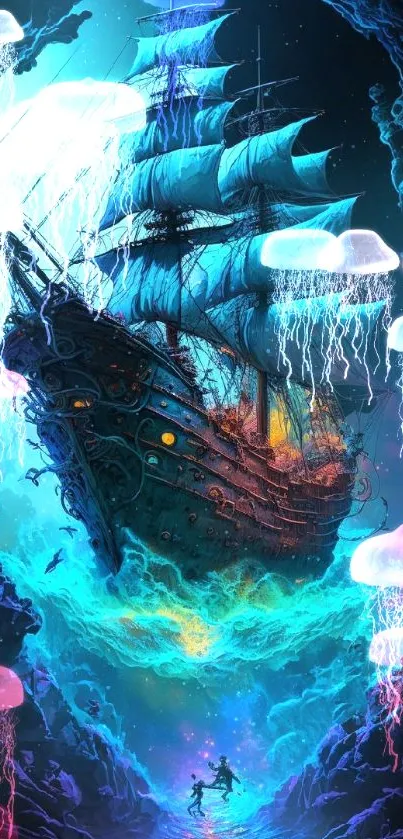 Mystical ship sails through glowing cyan waters in an ethereal cave setting.