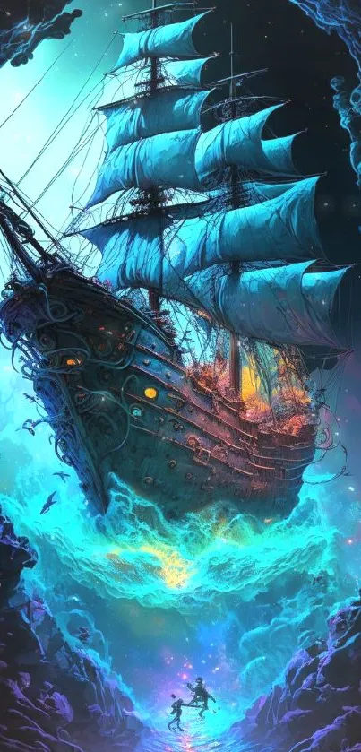 Mystical neon ship wallpaper with vibrant ocean colors and fantasy elements.