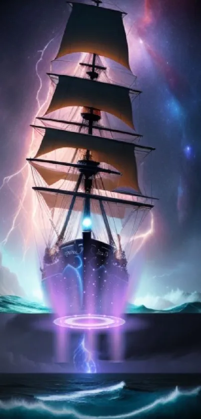 Sailing ship under cosmic skies on a mystical ocean adventure.