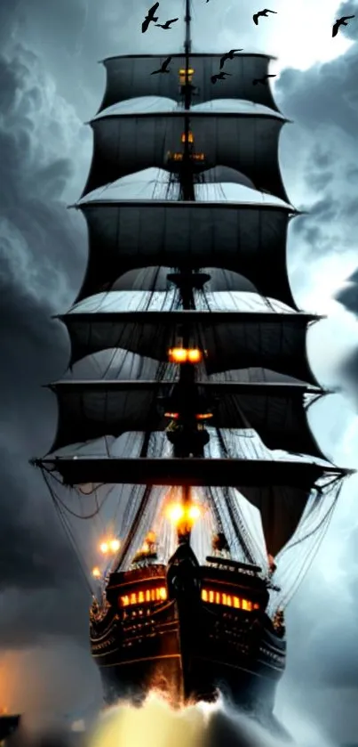 Mystical ship sails through stormy clouds and birds.