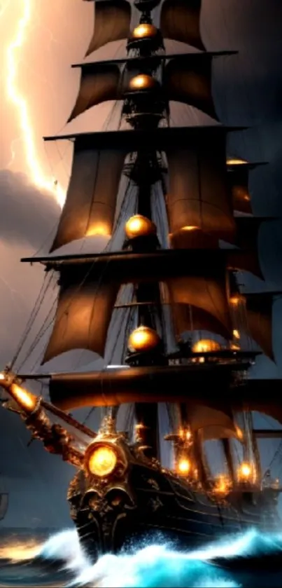 Majestic ship in stormy seas with glowing lights shining through the darkness.