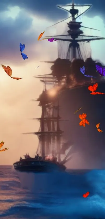 Mystical ship sails with butterflies in sunset-blended waves.