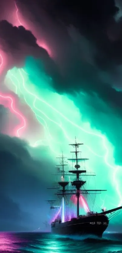 Mystical ship under a vibrant electric storm at sea.