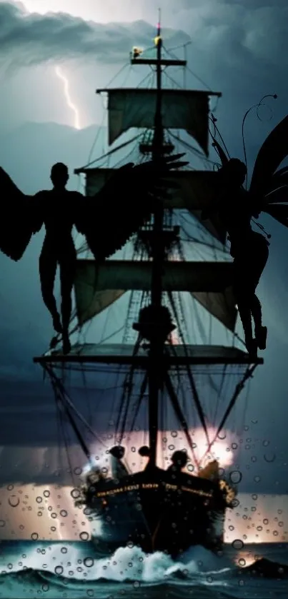 Silhouettes of fairies against a stormy sea and ship at night.