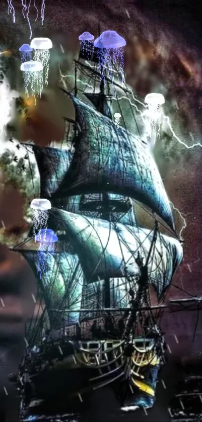 Mystical sailing ship with glowing jellyfish and storm in dark seas wallpaper.