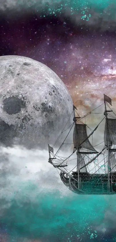 Ship sailing through space with moon behind.