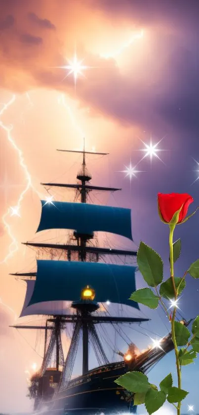 Mystical wallpaper with a ship, stars, and vibrant red rose.