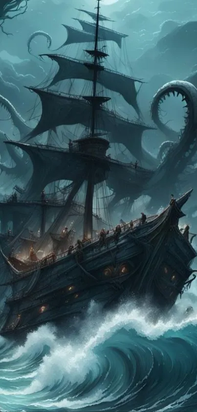 Mystical ship battles tentacles in stormy teal ocean.